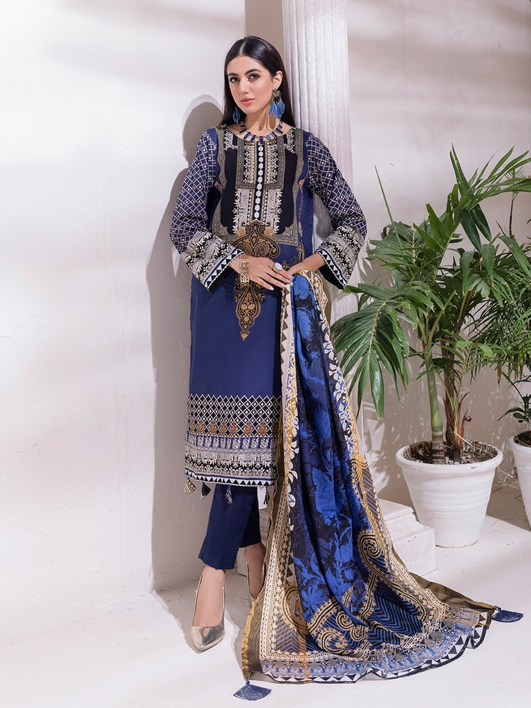Unstitched 3pc - Printed Cambric Shirt & Printed Cambric Dupatta with Gold Border & Dyed Cambric Trouser - Inaya Gold Cambric (IP-00109B)